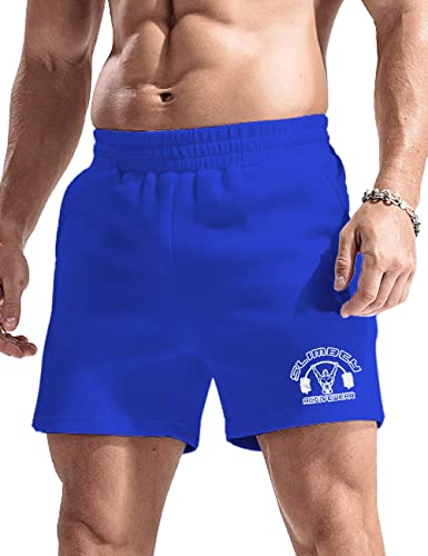 palglg Herren Bodybuilding Hosen Kurz mit Tasche Sporthose Baumwolle Laufshorts 5" Innennaht Blau 2XL von palglg