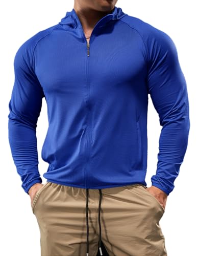 palglg Herren Sport Kapuzenpullover mit durchgehendem Reißverschluss leichte Fitness-Langarmshirts schnelltrocknende Lauf-Oberteile Blau S von palglg