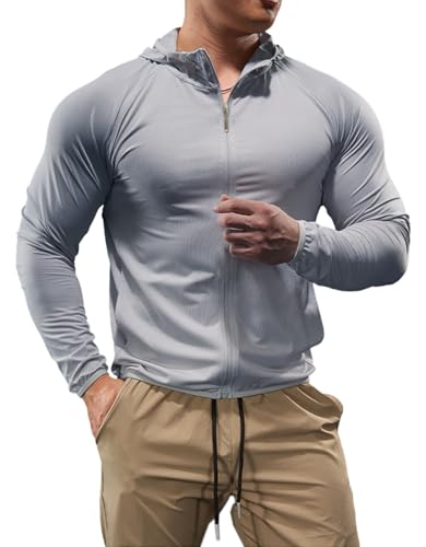 palglg Herren Sport Kapuzenpullover mit durchgehendem Reißverschluss leichte Fitness-Langarmshirts schnelltrocknende Lauf-Oberteile Grau L von palglg