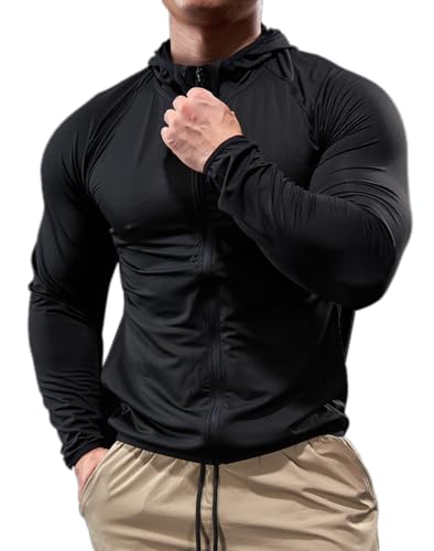 palglg Herren Sport Kapuzenpullover mit durchgehendem Reißverschluss leichte Fitness-Langarmshirts schnelltrocknende Lauf-Oberteile Schwarz M von palglg