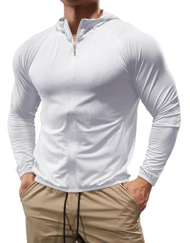 palglg Herren Sport Kapuzenpullover mit durchgehendem Reißverschluss leichte Fitness-Langarmshirts schnelltrocknende Lauf-Oberteile Weiß M von palglg