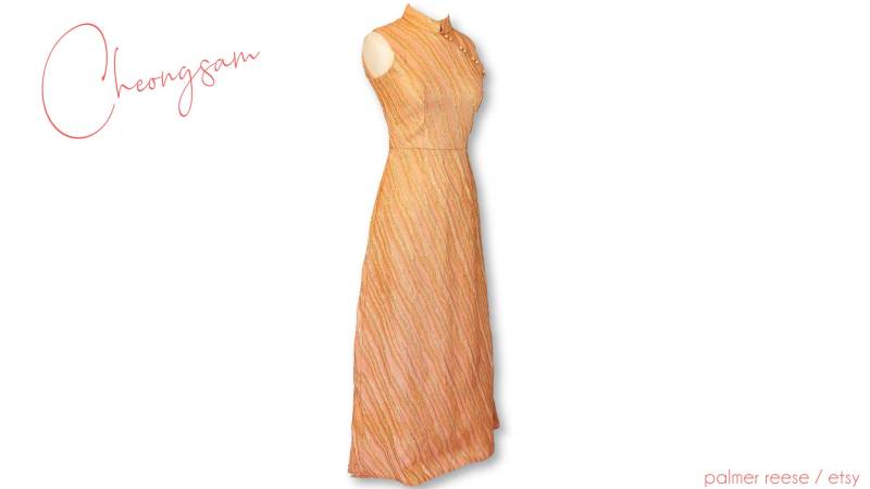 Einzigartig Schöner Vintage Peach Silber Gold Metallic Material Cheongsam Evening Gown von palmerreese