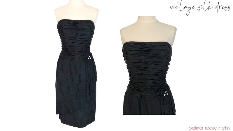 Silk Studio Schwarz Trägerlos Ruched Kristall Akzent Seide Seide Petite Kleid von palmerreese