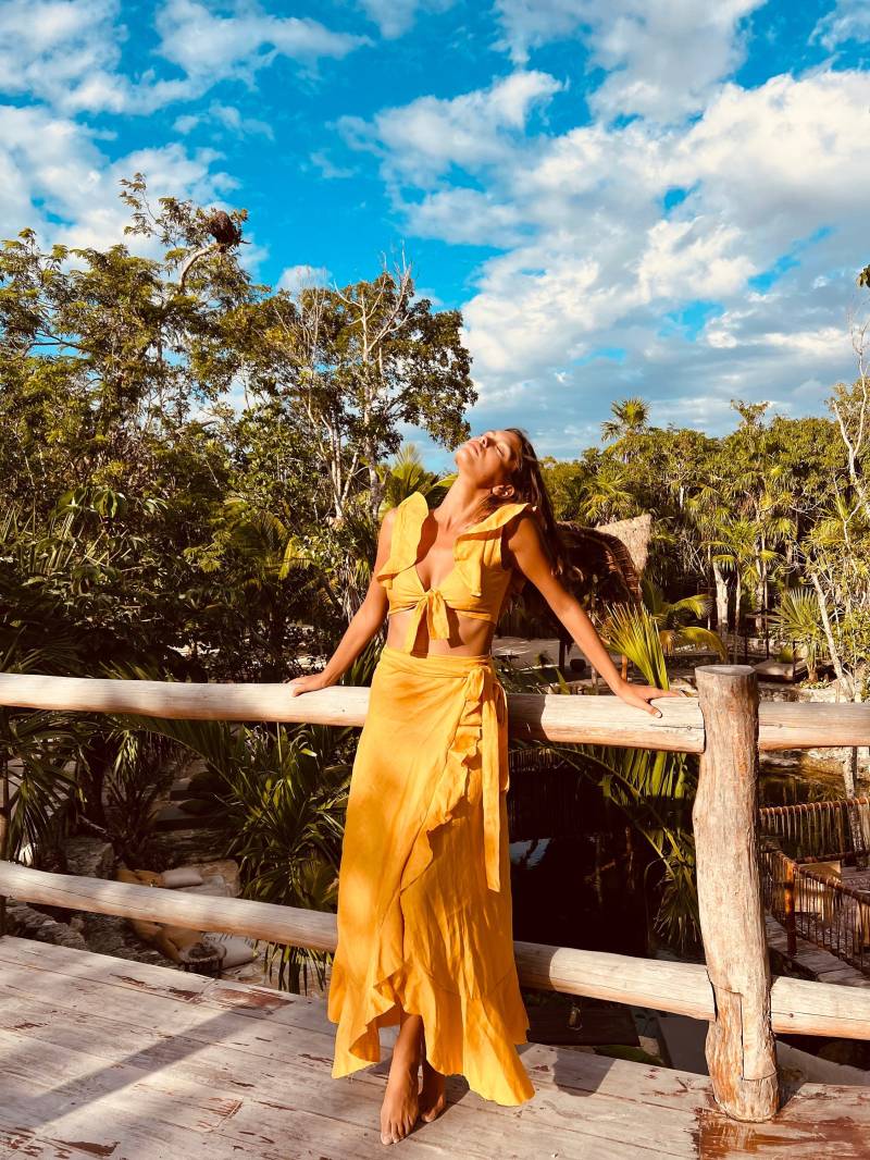 Leinen Wickelrock Rüschen Offen Schlitz Kleid Boho Tulum Strand Set High Waist Rock Sarong Hochzeit Bachelorette von palmyrahandmade
