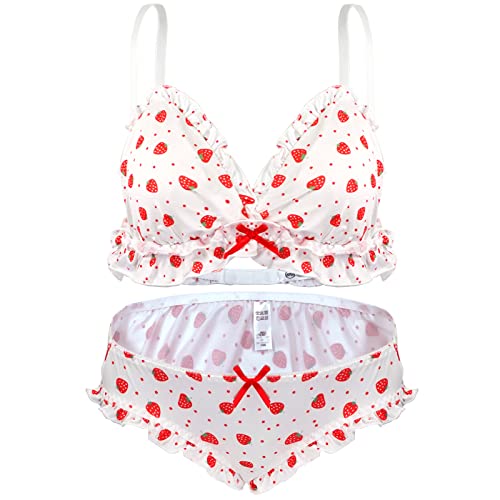 paloli Cute Lingerie Set für Frauen Erdbeere Bikini Wireless BH und Höschen 100% Baumwolle (Erdbeeren) von paloli