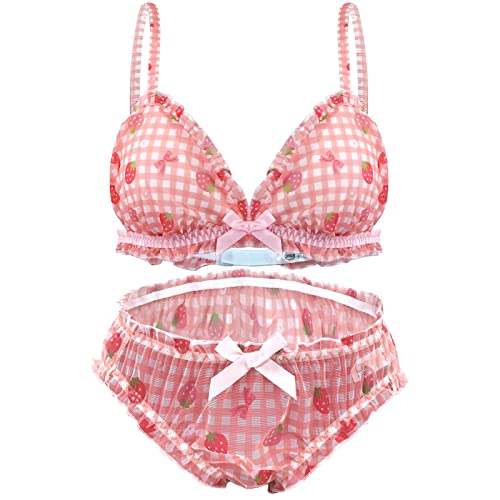 paloli Cute Lingerie Set für Frauen Erdbeere Bikini Wireless BH und Höschen 100% Baumwolle (red) von paloli