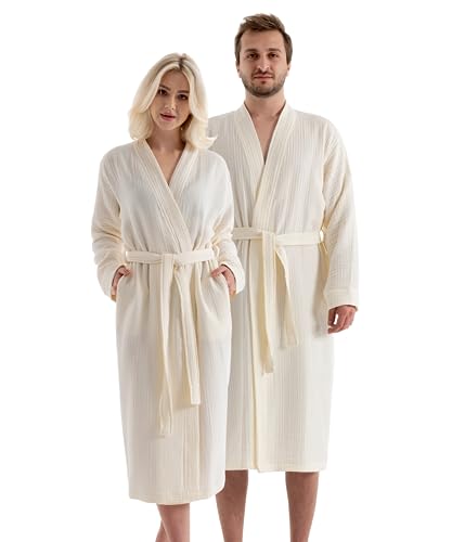 pamuq Bademantel Damen & Herren - beige, 4-lagiger Musselin, 100% Baumwolle, leicht - Morgenmantel Kimono Bathrobe Saunamantel Reisebademantel Bademantel Herren von pamuq