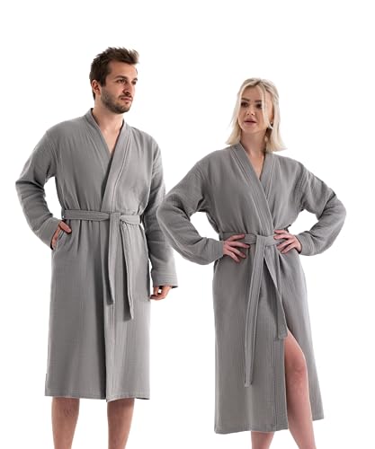 pamuq Bademantel Damen & Herren - grau, 4-lagiger Musselin, 100% Baumwolle, leicht - Morgenmantel Kimono Bathrobe Saunamantel Reisebademantel Bademantel Herren von pamuq