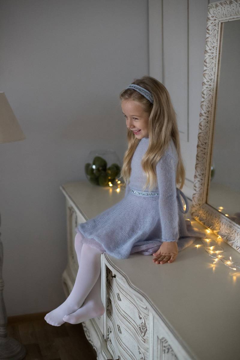 Blaues Mädchenkleid, Lange Ärmel Mädchenkleider, Gestrickte Babykleidung, Kleinkindkleid von panaLt