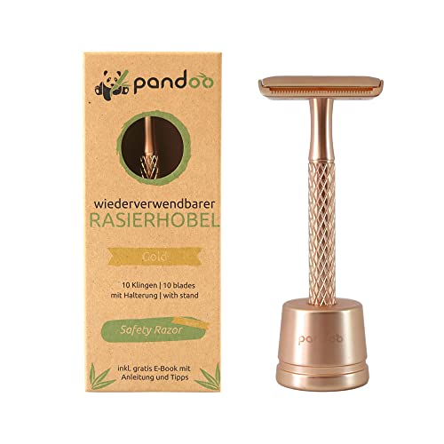 pandoo Rasierhobel inkl. Halterung - Metall - Zero-Waste Rasierer - plastikfrei - Sicherheits-Rasierhobel - Safety Nassrasierer - Männer und Frauen (Gold) von pandoo