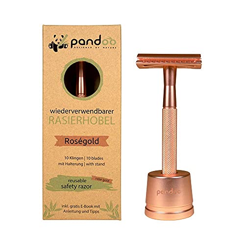 pandoo Rasierhobel inkl. Halterung - Metall - Zero-Waste Rasierer - plastikfrei - Sicherheits-Rasierhobel - Safety Nassrasierer - Männer und Frauen (Rose) von pandoo