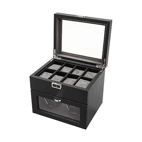 panfudongk Automatik Uhrenbeweger 2+8 Uhren Watch Winder Schwarz mit LED, PU, Glas, für Männer, Streifenmuster, Tischmontage, EU-Stecker, leise Motoren, Schutzfunktionen von panfudongk