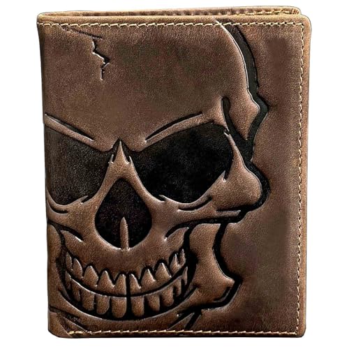 paomadeng Biker Skull Slim Card Wallet für Herren Bifold Card Holder Wallet Minimalistische Fronttasche Geldbörse Rindsleder Geldbörse von paomadeng