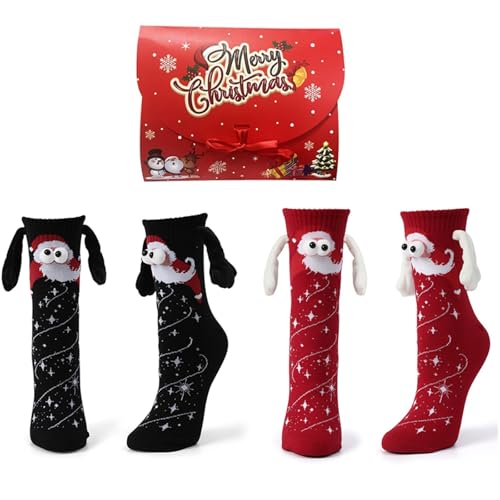 papasgix 2 Paar Lustige Magnetische Weihnachten Socken, Weihnachtssocken mit Magnetarmen, Hand in Hand Socken Funny Socks Couple Geschenke für Damen Herren (Rot+Schwarz Sternhimmel) von papasgix