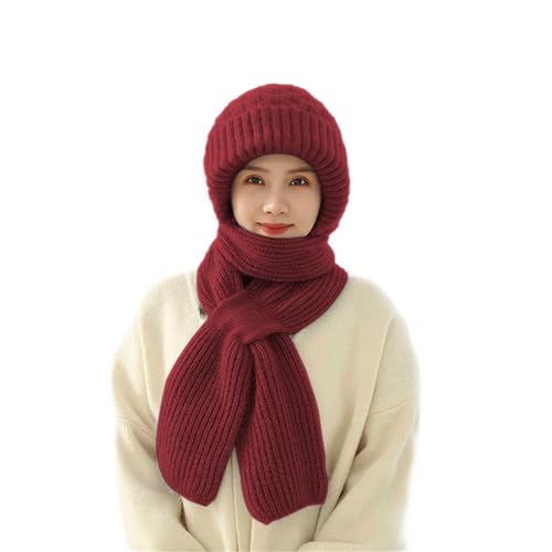 papasgix Integrierter Gehörschutz Winddichte Mütze Schal Set Damen, Kapuzenschal für Frauen Winter, 2 in 1 Maskenschal Strickmütze Damen Verdickter Warmer Einteiliger Hutschal(Weinrot) von papasgix