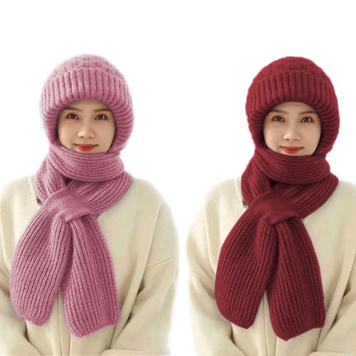 papasgix Integrierter Gehörschutz Winddichte Mütze Schal Set Damen, Kapuzenschal für Frauen Winter, 2 in 1 Maskenschal Strickmütze Damen Verdickter Warmer Einteiliger Hutschal(Weinrot+Pfirsich) von papasgix