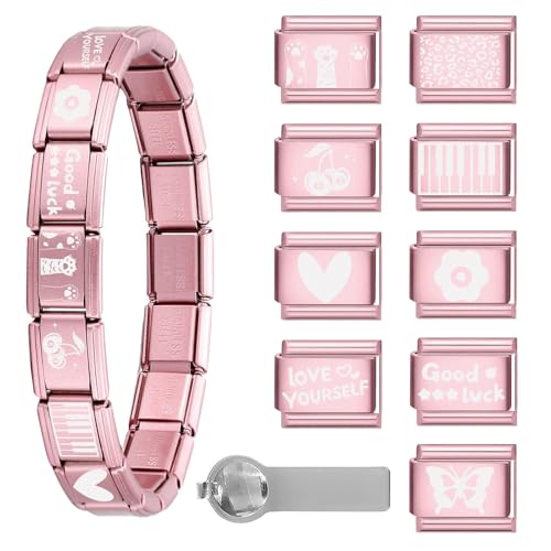 papasgix Italian Charm Bracelet Charms Bunt Set 9mm Italienisches Charm Armband mit Starter-Armband Öffnungswerkzeuge 11pcs DIY Italian Style Charms für Damen Herren Mädchen (Rosa) von papasgix