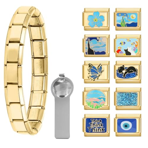 papasgix Italian Charm Bracelet Charms Gold Silber Anhänger Set 9mm Italian Charm Armband Glieder für Damen DIY Bracelet Tool Module Charms für Armbänder Kette (12er Gold Blue) von papasgix