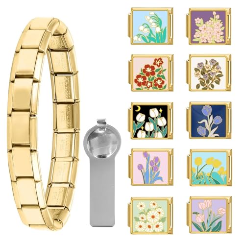 papasgix Italian Charm Bracelet Charms Gold Silber Anhänger Set 9mm Italian Charm Armband Glieder für Damen DIY Bracelet Tool Module Charms für Armbänder Kette (12er Gold Flower) von papasgix