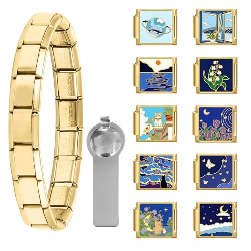 papasgix Italian Charm Bracelet Charms Gold Silber Anhänger Set 9mm Italian Charm Armband Glieder für Damen DIY Bracelet Tool Module Charms für Armbänder Kette (12er Gold Night) von papasgix