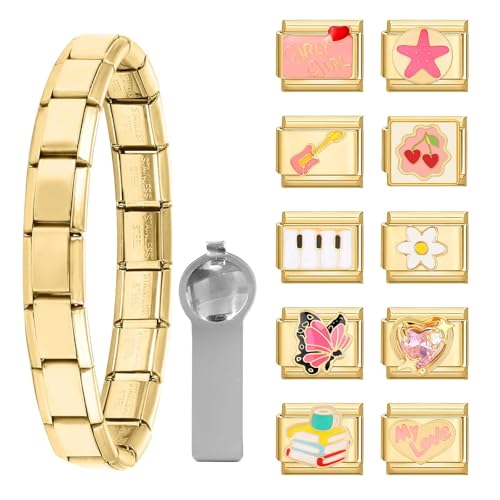papasgix Italian Charm Bracelet Charms Gold Silber Anhänger Set 9mm Italian Charm Armband Glieder für Damen DIY Bracelet Tool Module Charms für Armbänder Kette (12er Gold Pink) von papasgix
