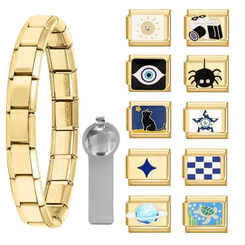 papasgix Italian Charm Bracelet Charms Gold Silber Anhänger Set 9mm Italian Charm Armband Glieder für Damen DIY Bracelet Tool Module Charms für Armbänder Kette (12er Gold Schwarz) von papasgix