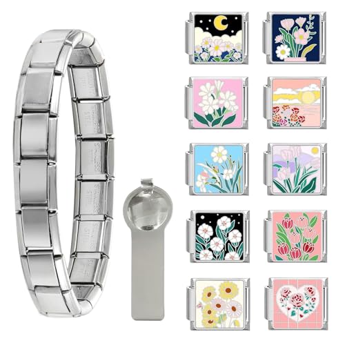 papasgix Italian Charm Bracelet Charms Gold Silber Anhänger Set 9mm Italian Charm Armband Glieder für Damen DIY Bracelet Tool Module Charms für Armbänder Kette (12er Silber Blumen) von papasgix