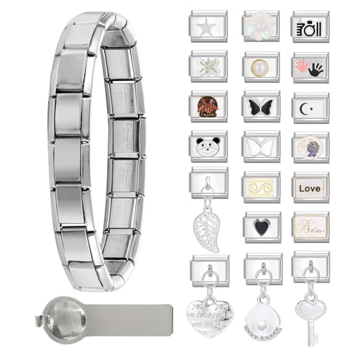 papasgix Italian Charm Bracelet Charms Set 9mm, Italienisches Charm Armband mit Starter-Armband und Öffnungswerkzeuge, DIY Italian Style Charms für Damen Herren Mädchen (A Silber 22pcs C) von papasgix