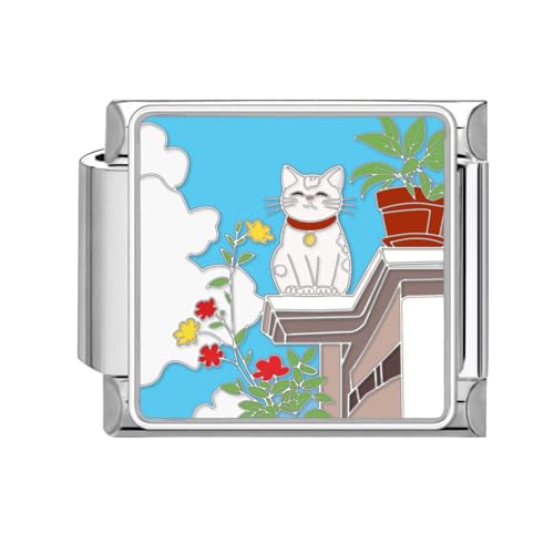 papasgix Italian Charm Bracelet Charms Silber Module für 9mm Italian Style Charms für Damen DIY Abnehmbar Blumen Italienisches Charm Armband Mädchen Junge Geschenk Weiß Katze von papasgix
