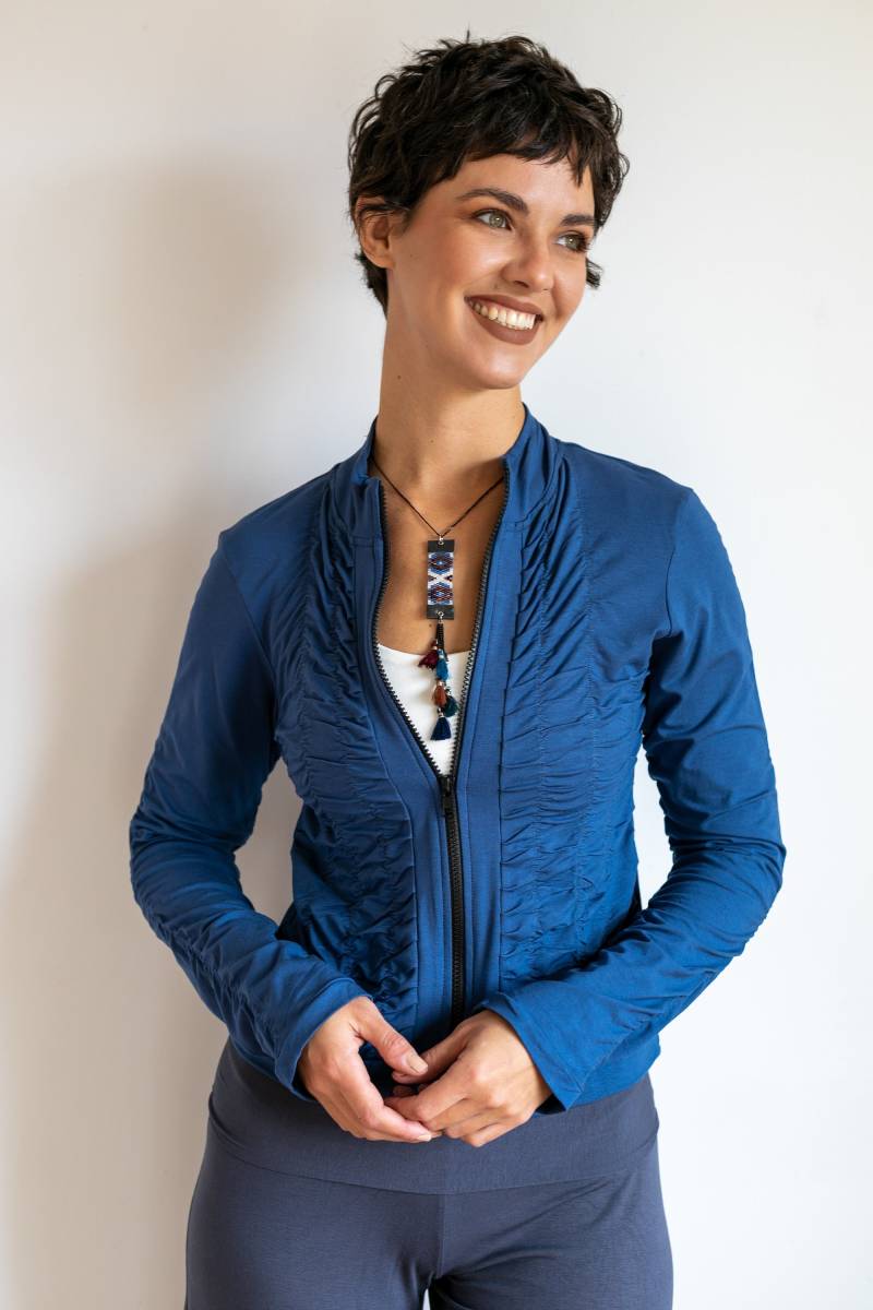 Mrs. Peacock Geraffte Reißverschluss Front Jacke Indigo von paramitadesign