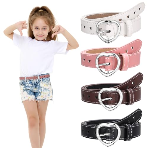 patinadrift 4 Stück Kindergürtel Mädchen, PU Leder Gürtel Kinder Verstellbare Herz Schnalle Taillengürtel Stretchgürtel für Kleider Jeans Hosen Jacken von patinadrift