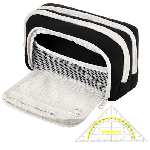 patinadrift Federmäppchen Groß Kapazität Federtasche mit 3 Fächer Federmappe Multifunktionales Mäppchen Oxford Gewebe Aesthetic Federtaschen mit Geodreieck Schreibwaren für Schule,Büro(Schwarz) von patinadrift