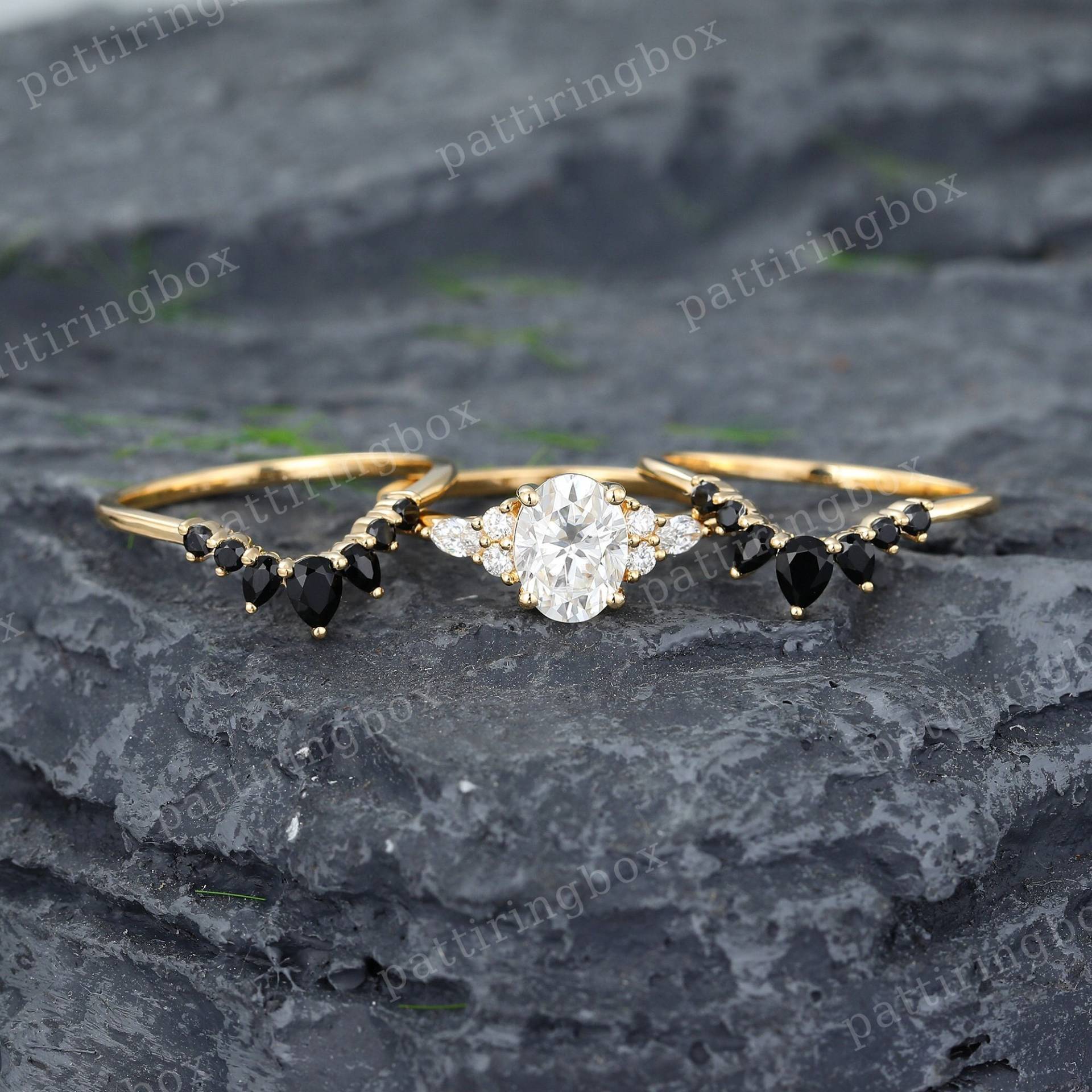 3 Stück Oval Moissanite Verlobungsring Set Vintage Unikat Solide Gold Birne Schwarz Onyx Cluster Ring Art Deco Hochzeit Jahrestag Versprechen Ring von pattiringbox