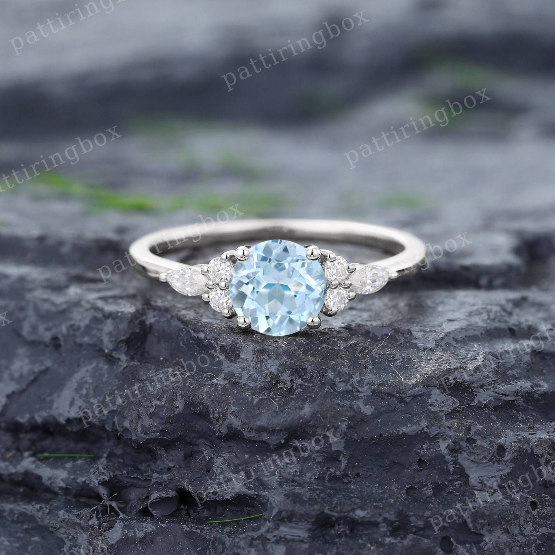 Aquamarin Verlobungsring Vintage Weißgold Einzigartiger Marquise Diamant Cluster Ring Braut Hochzeit Jahrestag Versprechen Ring von pattiringbox