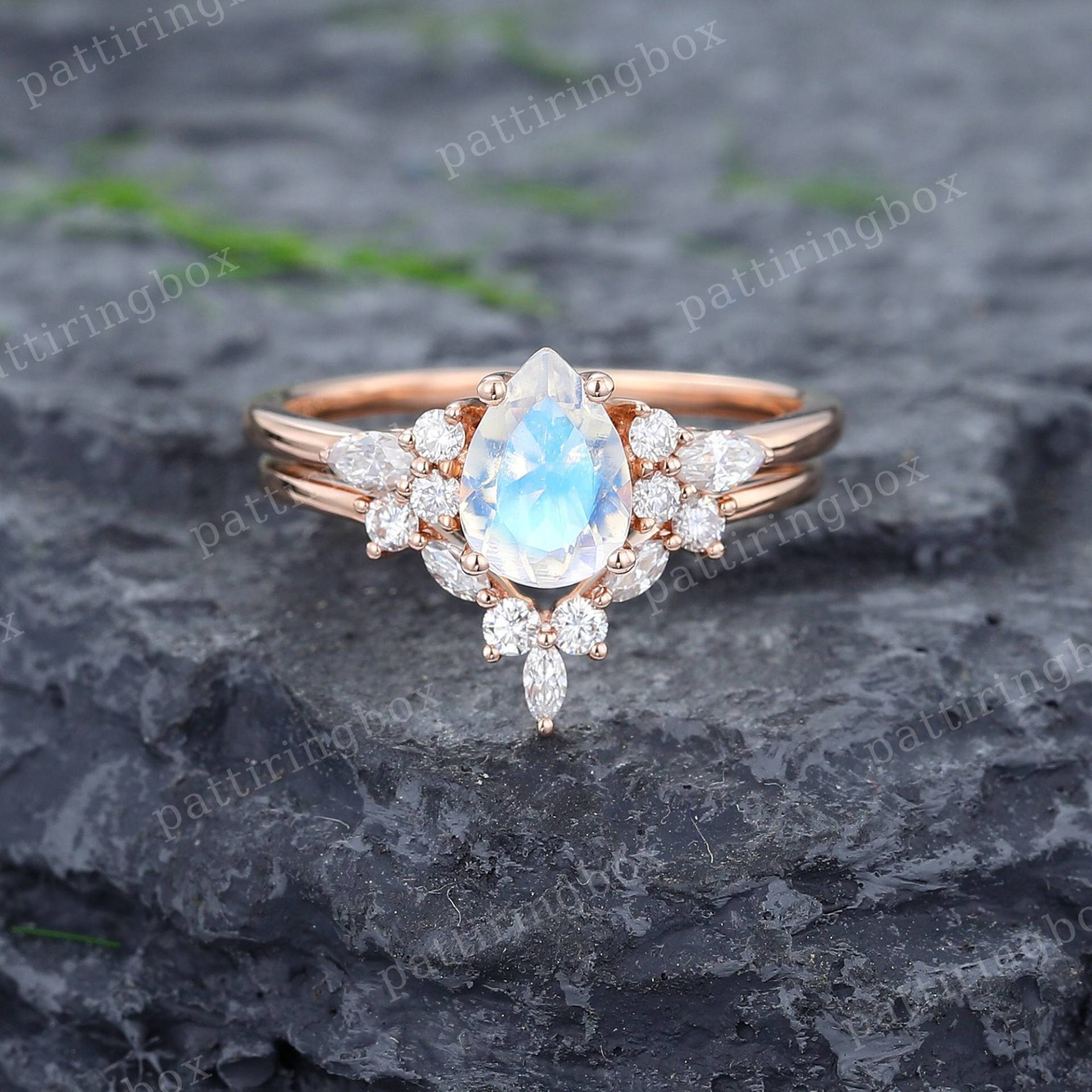 Birne Mondstein Verlobungsring Set Vintage Rose Gold Marquise Diamant Cluster Ring Einzigartiger Brautjubiläum Versprechen von pattiringbox