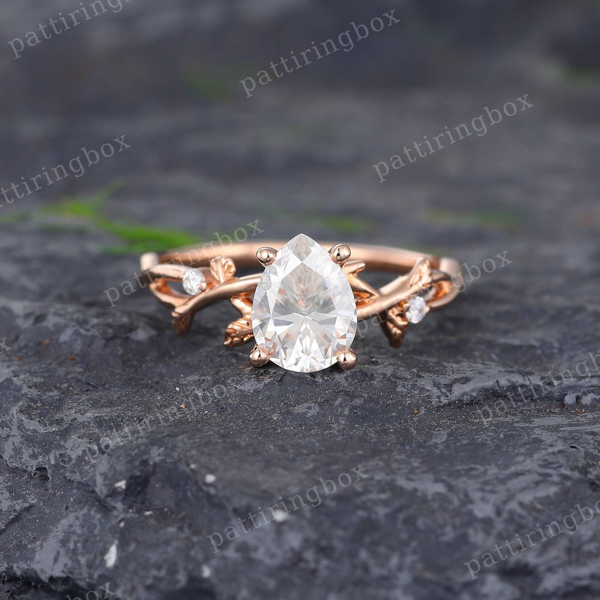 Birnenförmiger Moissanite Verlobungsring Einzigartiger Zweig Rose Gold Diamant Vintage Braut Hochzeit Jahrestag Versprechen Ring Für Sie von pattiringbox