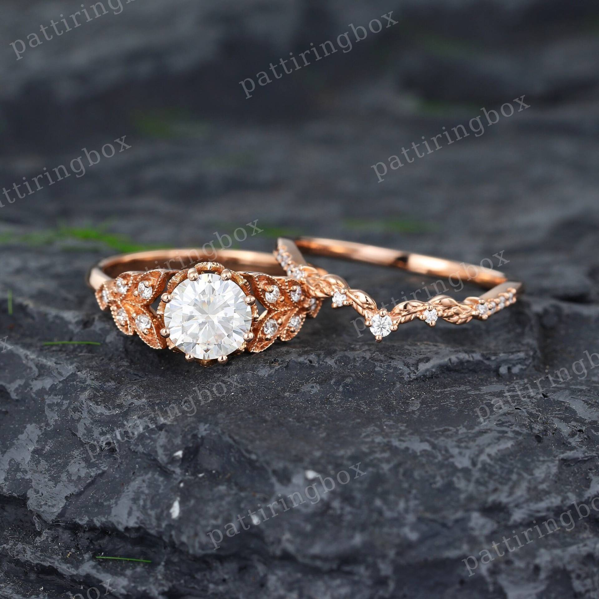 Einzigartige Moissanite Verlobungsring Set Vintage Rose Gold Braut Blatt Milgrain Diamant Hochzeit Ring Art Deco Jahrestag Geschenk Für Sie von pattiringbox