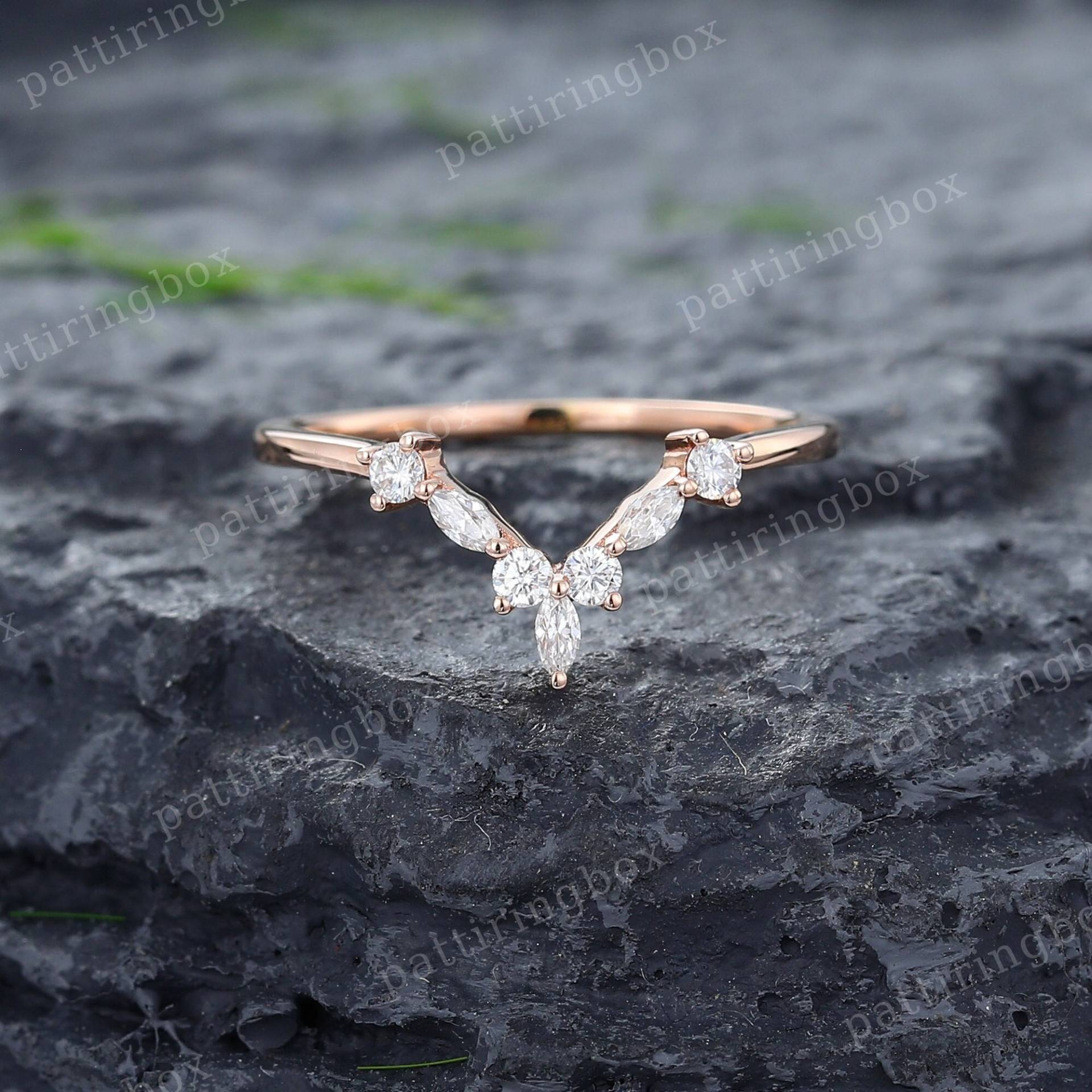 Einzigartige Rose Gold Gebogene Hochzeit Band Vintage Frauen Marquise Moissanite | Diamant Stapeln Passender Ring Jubiläum Versprechen von pattiringbox