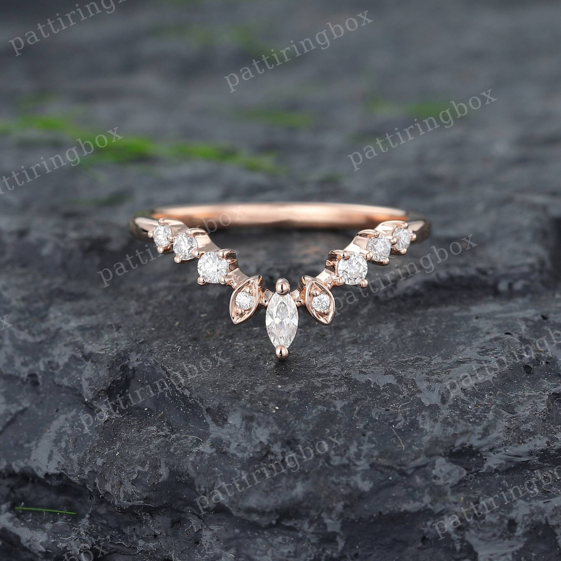 Einzigartige Rose Gold Gebogene Hochzeit Band Vintage Moissanite Frauen Marquise Diamant Stacking Passendes Jubiläum Versprechen von pattiringbox