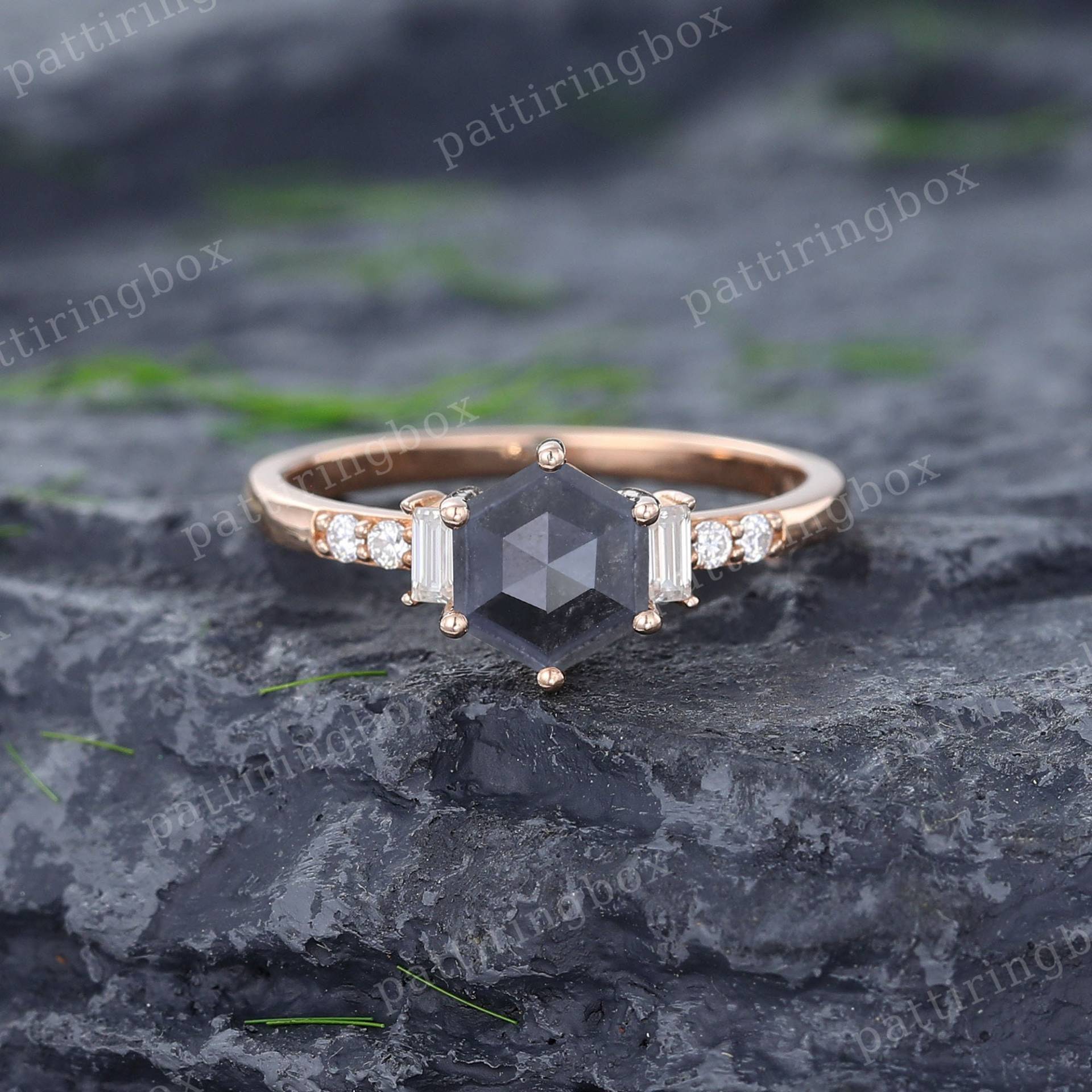 Einzigartiger Hexagon Salz & Pfeffer Diamant Verlobungsring Vintage Rose Gold Baguette Ring Hochzeit Braut Versprechen von pattiringbox