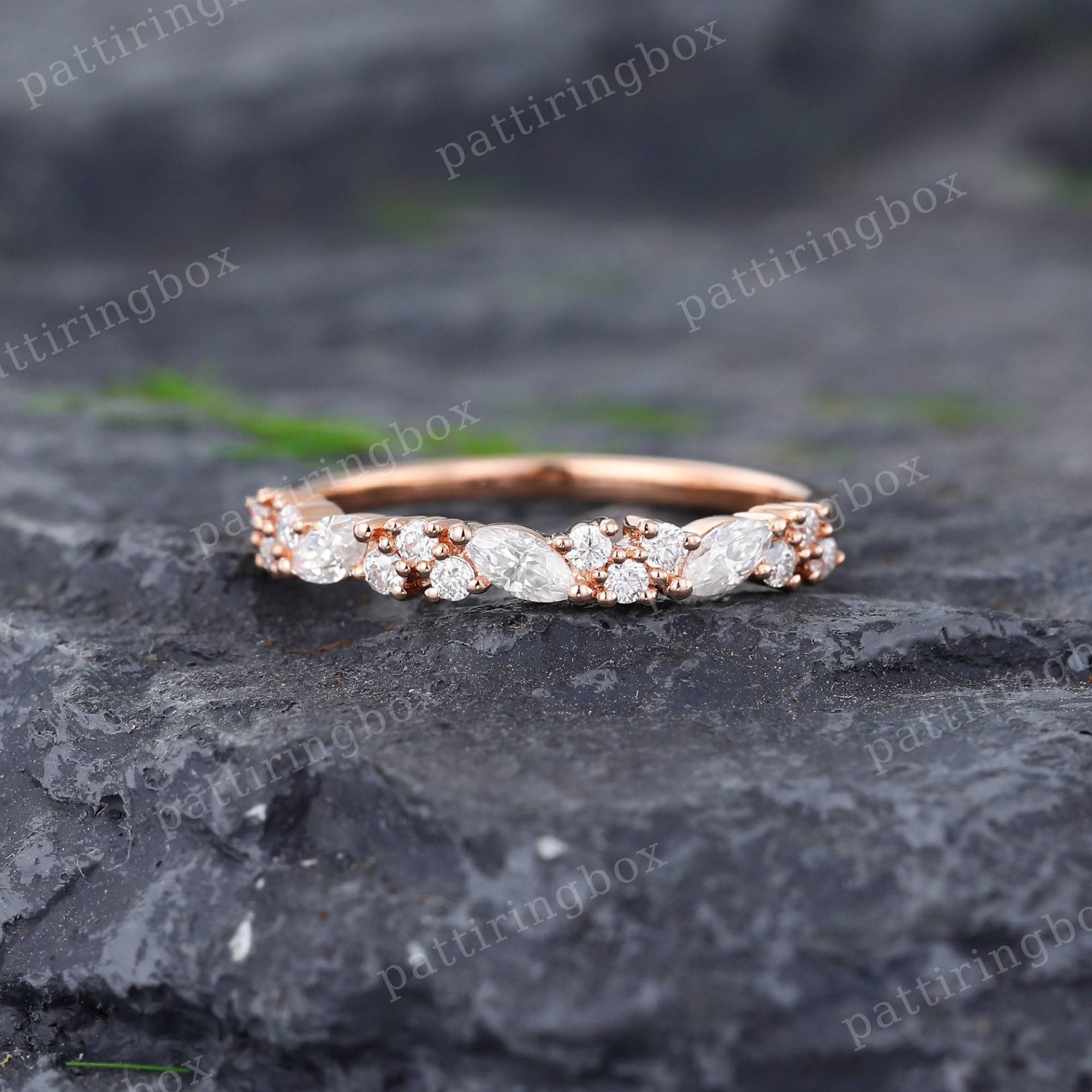 Marquise Moissanite Ehering Vintage Rose Gold Halbe Ewigkeit Passende Stapelring Zarte Jahrestag Versprechen Geschenk von pattiringbox