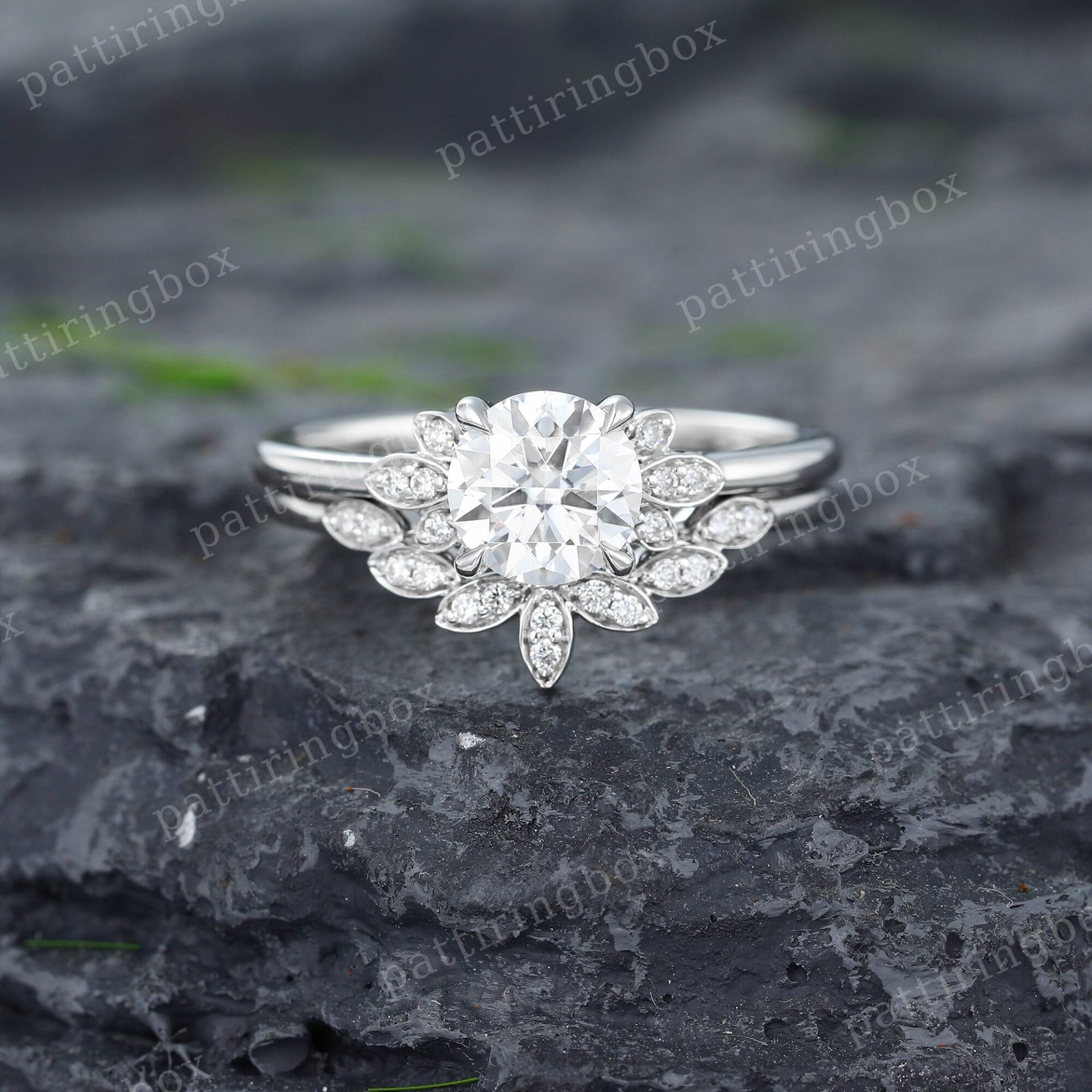 Moissanite Verlobungsring Set Unikat Weißgold Blatt Diamant Cluster Ring Vintage Braut Hochzeit Jahrestag Versprechen Geschenk Für Sie von pattiringbox