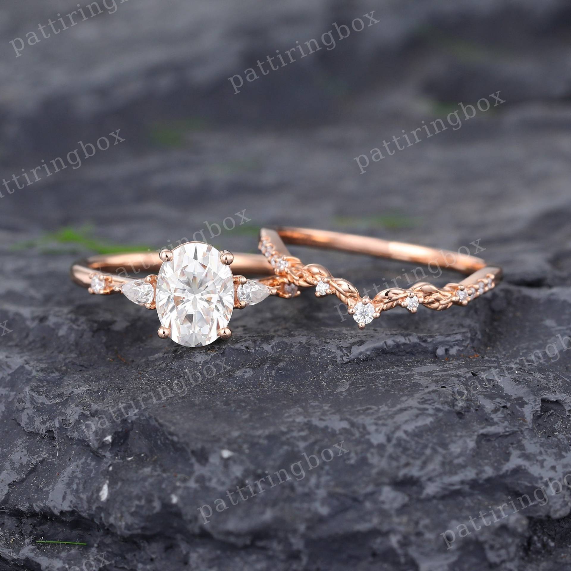 Oval Moissanite Verlobungsring Set Vintage Einzigartige Rose Gold Filigrane Diamant Gebogen Hochzeit Band Jubiläum Braut von pattiringbox