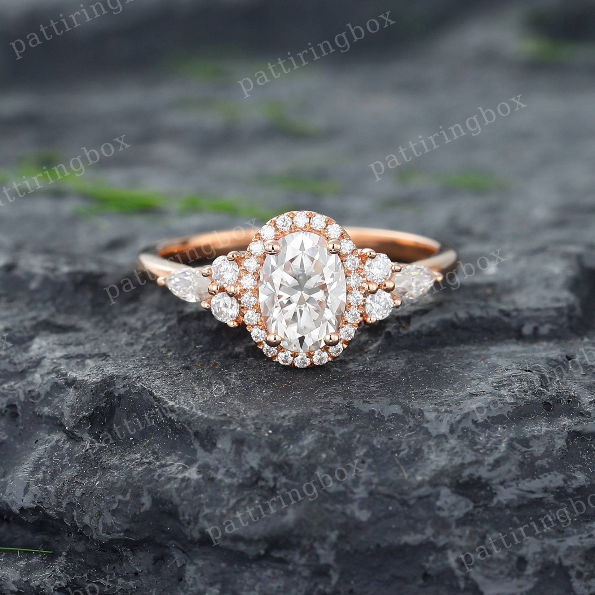 Ovaler Rosegold Moissanit Verlobungsring Vintage Einzigartiger Marquise Diamant Cluster Halo Ring Braut Jahrestag Versprechensring von pattiringbox