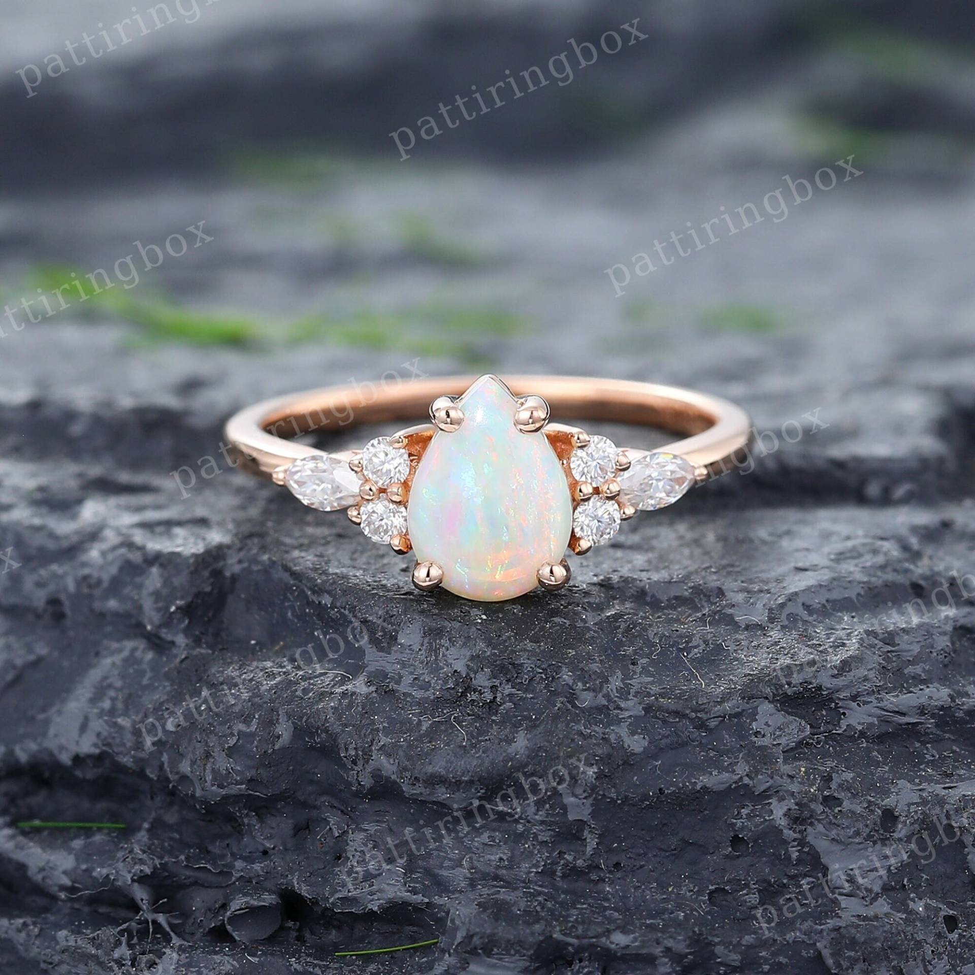 Pear Opal Verlobungsring Vintage Rose Gold Marquise Diamant Cluster Ring Einzigartige Braut Hochzeit Jahrestag Versprechen Ring von pattiringbox