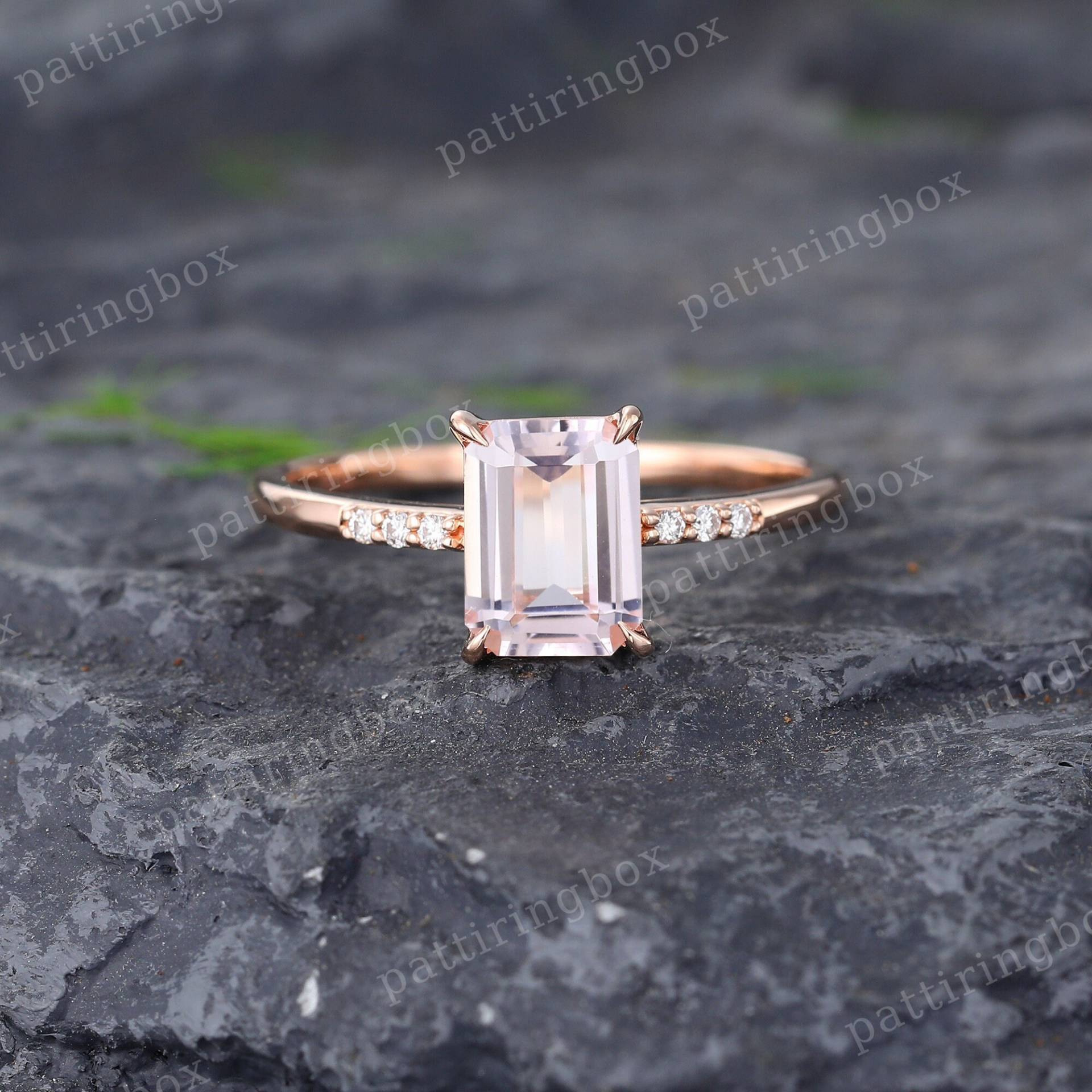 Smaragdschliff Morganit Verlobungsring Einzigartiger Rosegold Ehering Diamant Art Deco Micro Pave Ring Jahrestag Versprechen Geschenk Für Frauen von pattiringbox