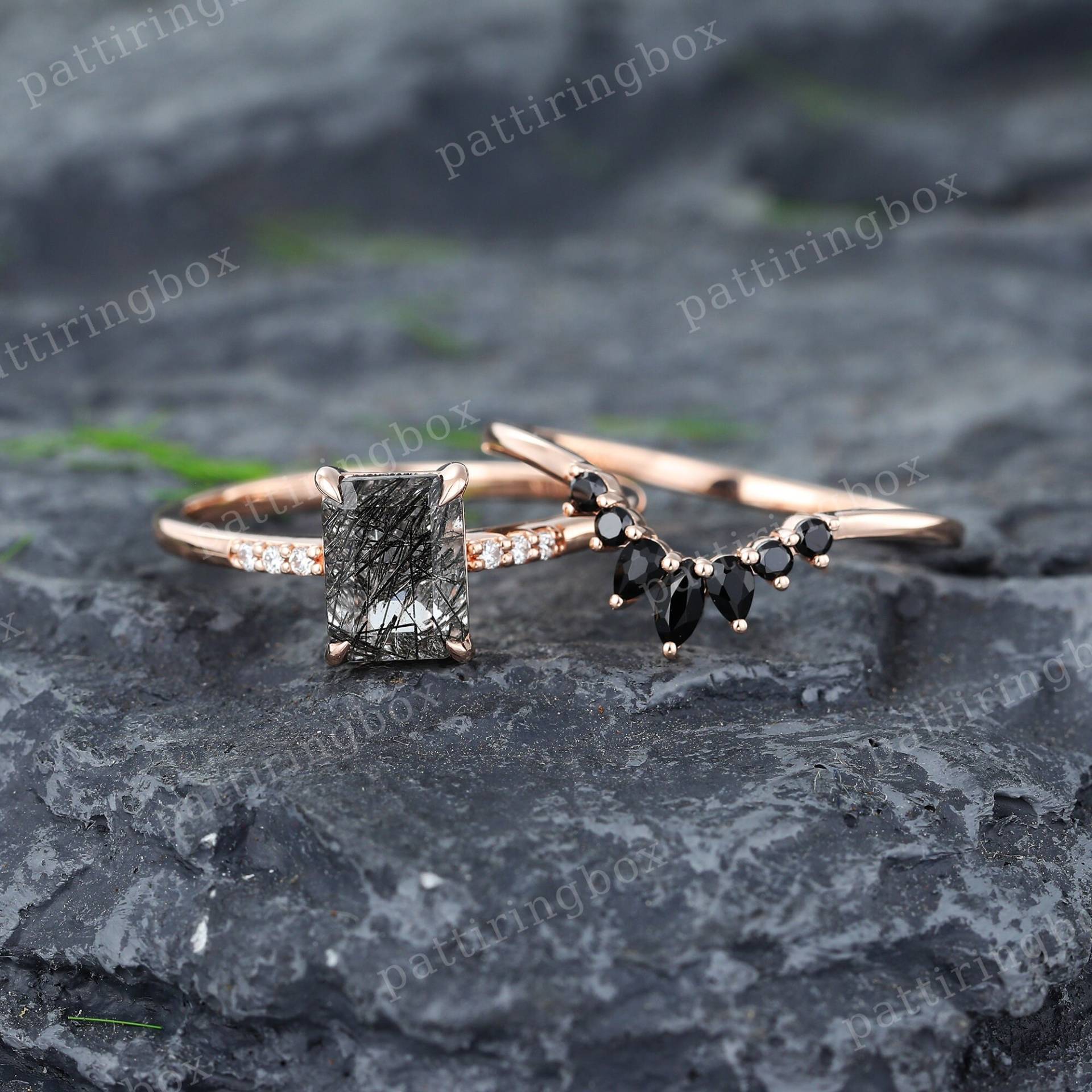 Smaragdschliff Schwarz Rutilquarz Verlobungsring Set Einzigartiger Rosegold Marquise Black Onyx Ring Vintage Brautjubiläum Versprechen Ring von pattiringbox