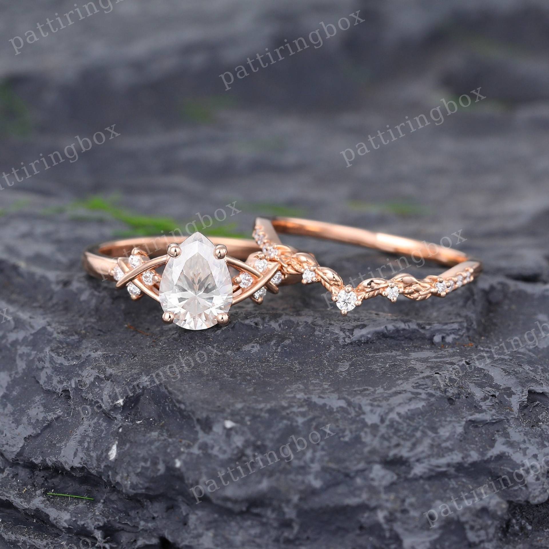 Tropfenförmige Moissanite Verlobungsring Set Rose Gold Vintage Braut Diamant Hochzeit Gebogen Jubiläum Versprechen Ring Geschenk von pattiringbox