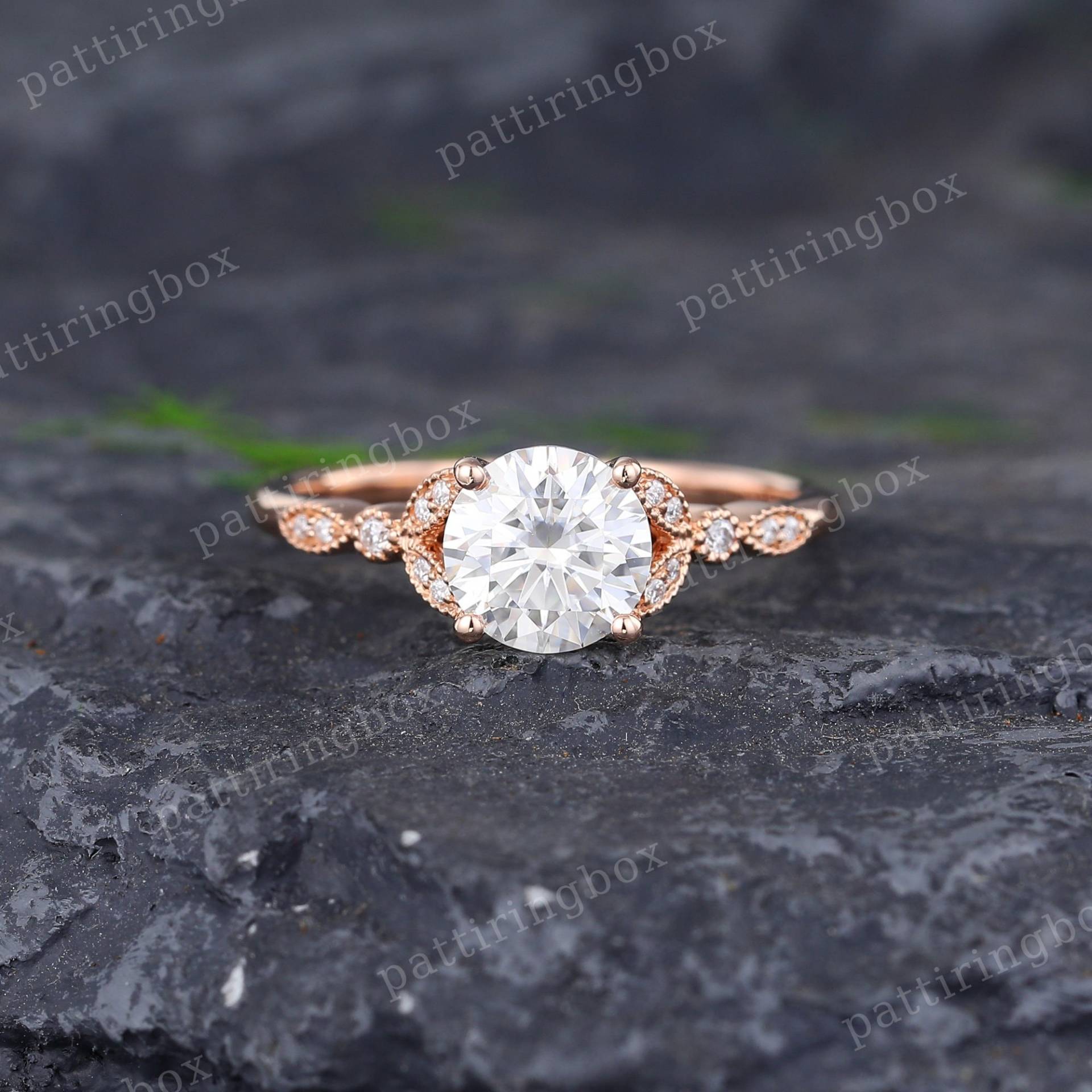 Vintage Moissanit Verlobungsring Einzigartiger Roségold Diamant Milgrain Ring Braut Hochzeit Jahrestag Versprechensring Für Frauen von pattiringbox