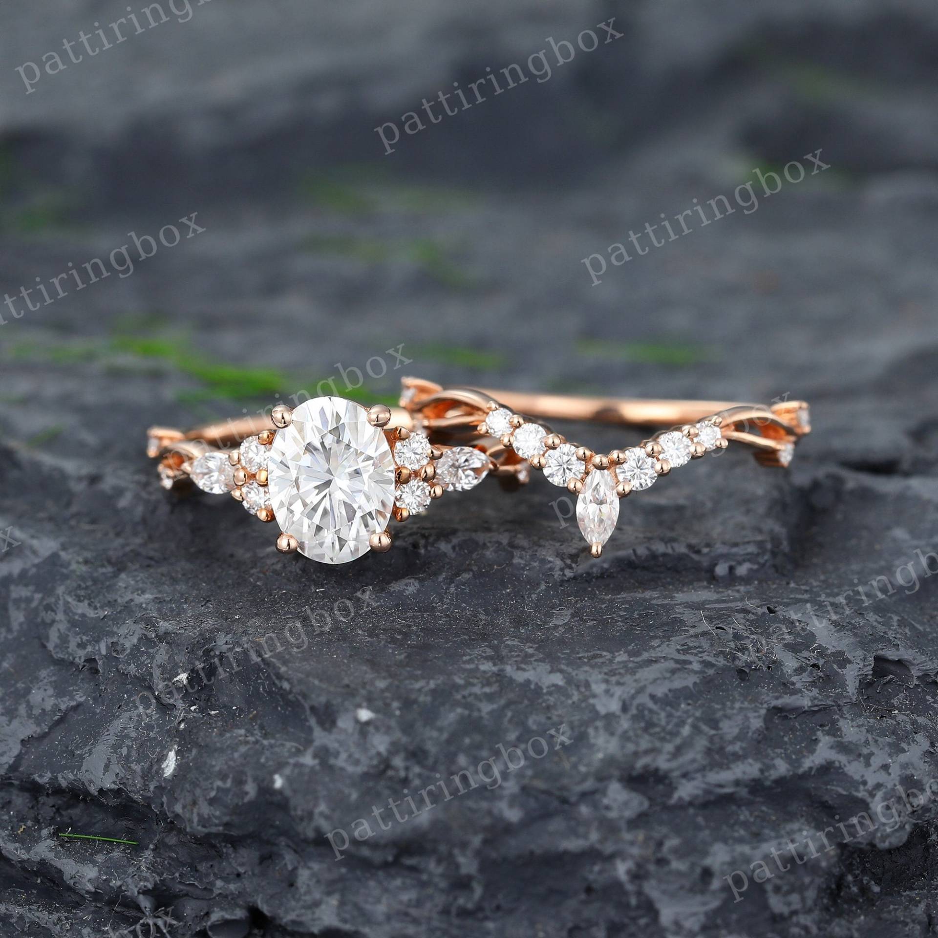 Vintage Oval Moissanite Verlobungsring Set Einzigartiger Rose Gold Marquise Diamant Cluster Ring Brautjubiläum Versprechen Für Frauen von pattiringbox